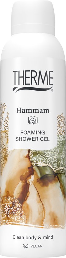 THERME Hammam schuimende douchegel 200ml met botanische prints in bruin-groene tinten.
