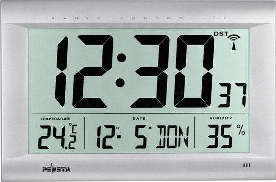 Trevi OM 3530 RC radiowandklok met groot display en draadloze buitensensor, thermometer en meertalige kalender