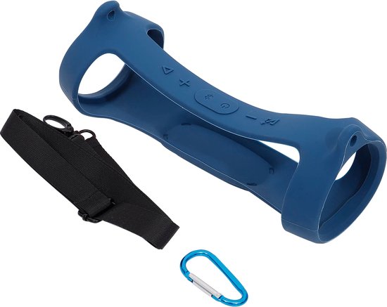 Marineblauwe siliconen beschermhoes voor JBL Charge 4 met schouderband en karabijnhaak.