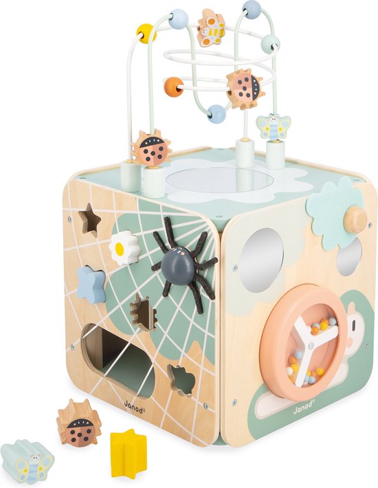 Janod Sweet Cocoon - Activiteitenkubus Maxi - Houten Speelkubus Met Meer Dan 11 Verschillende Activiteiten - Ideaal Om De Fijne Motoriek Te Ontwikkelen, En Vormen En Kleuren Te Leren - Geschikt Vanaf 18 Maanden van Janod — afbeelding 4