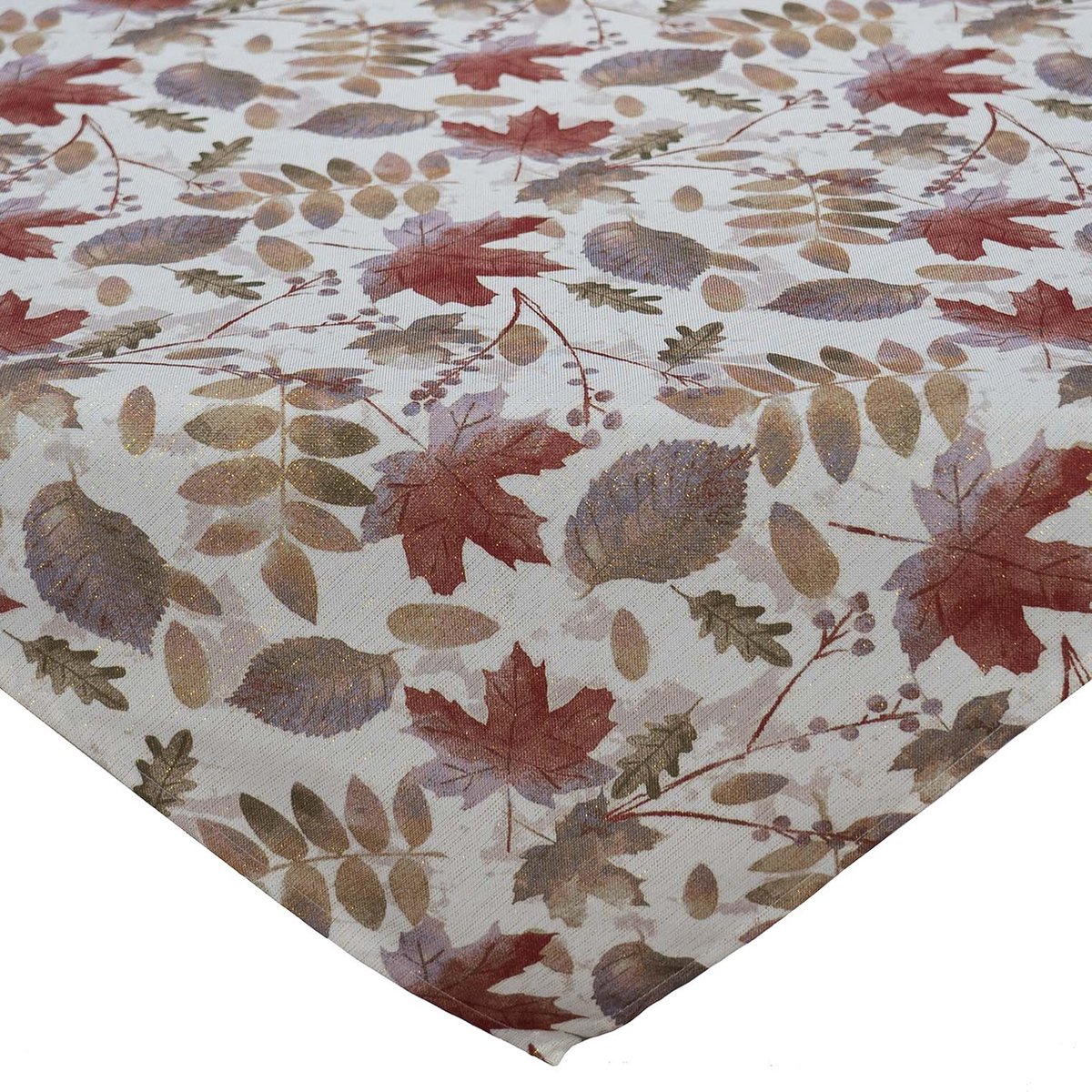 Tafelkleed - Herfstbladeren - Bedrukt - Groen - Rood - met goud glitterdraad - Vierkant 85 cm