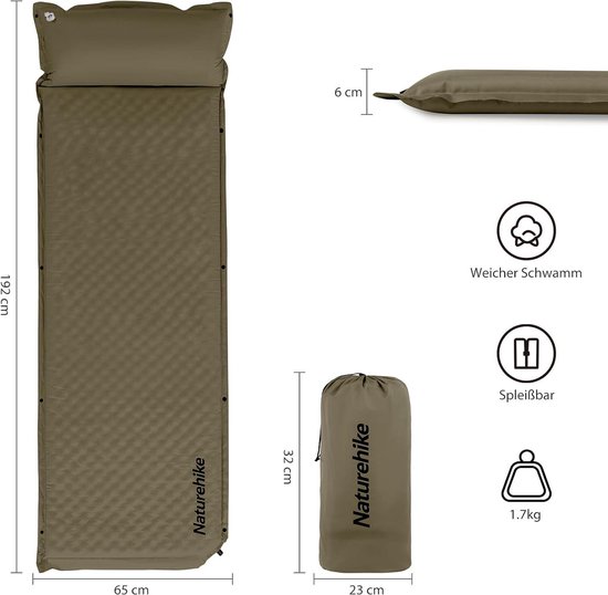 Ultralichte zelfopblazende slaapmat met hoofdkussen - comfortabel en draagbaar voor outdoor camping en reizen - 6 cm hoog (legergroen) van Merkloos — afbeelding 4