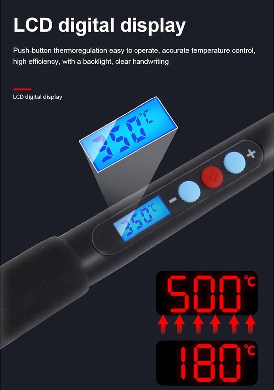 80 W lcd soldeerbout met instelbare temperatuur 180-500 °C, aan/uit- schakelaar, 5 wisselpunten voor solderen, desoldeerpomp, soldeerboutstandaard, pincet, soldeerset voor elektrische werkzaamheden