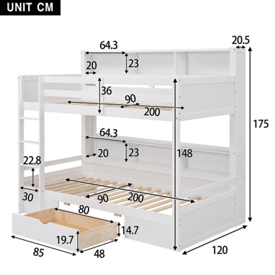 GEORG 90x200 Wit Eik Goud Stapelbed voor 2 Kinderen met Laden Kinder Meubels Stapelbedden Kinderbedden - Kinder Meubels 24