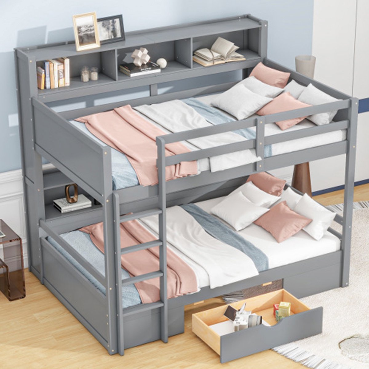 KOMHTOM Stapelbed 90x200cm Eenpersoonsbedden kinderbed met laden met opbergvakken grijs