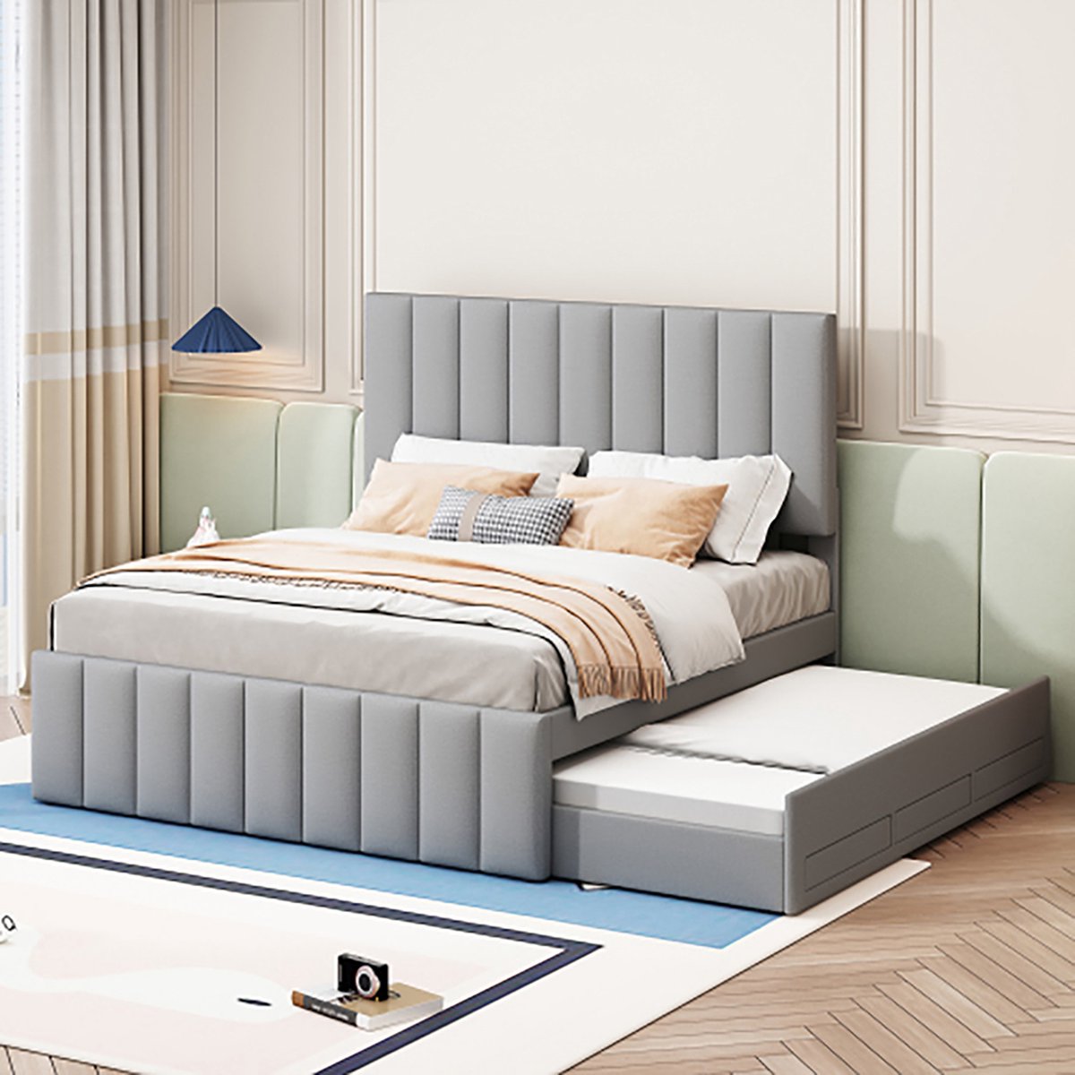 KOMHTOM Bed Volwassenenbed 140x200 cm Tweepersoonsbed met onderschuifbed en opbergladen grijs extra bed