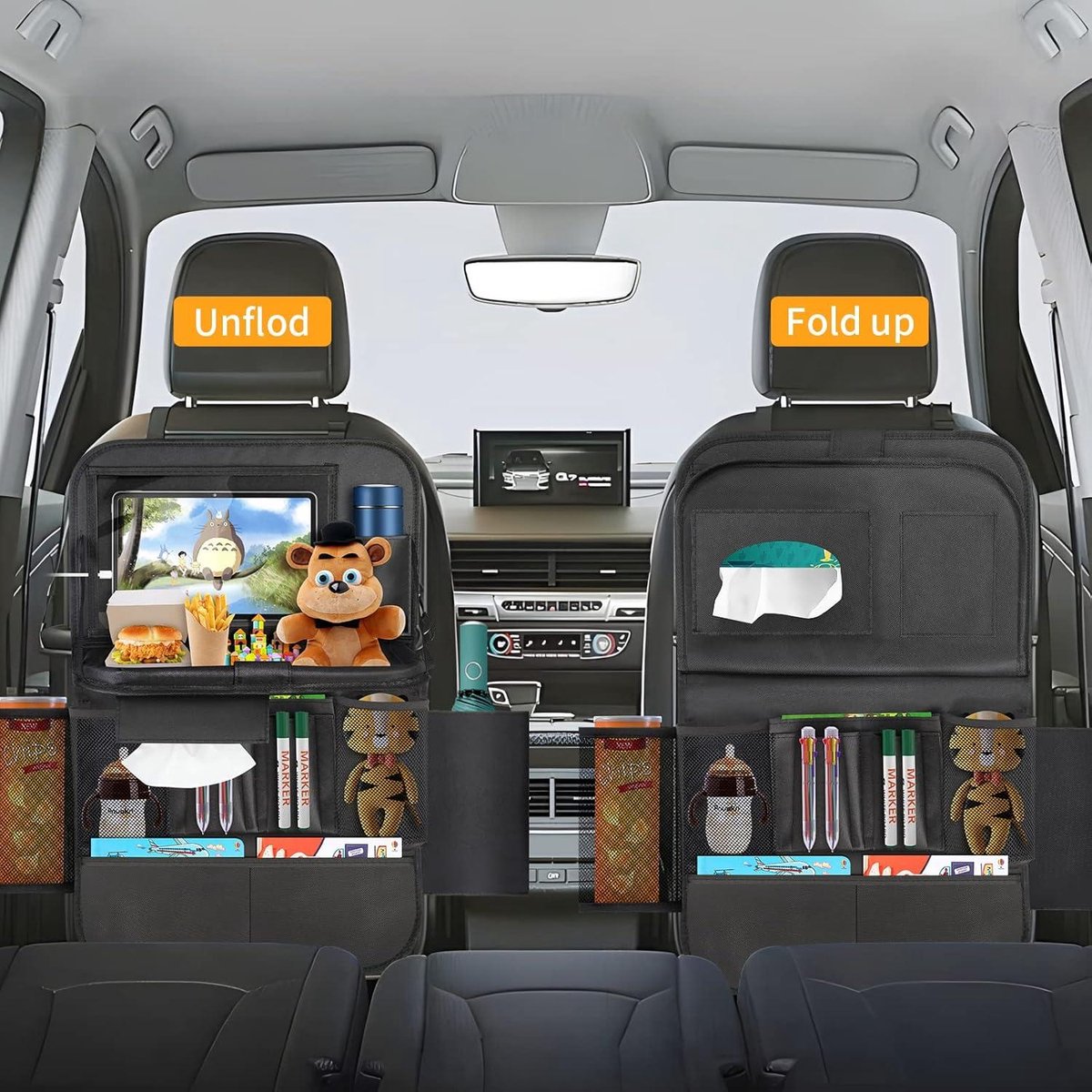 Rugleuningbescherming met opvouwbare tafel - Autoorganizer voor kinderen met 12 inch tablethouder - Waterdichte achterbank-organizer met 13 zakken Auto tafel – foto 3