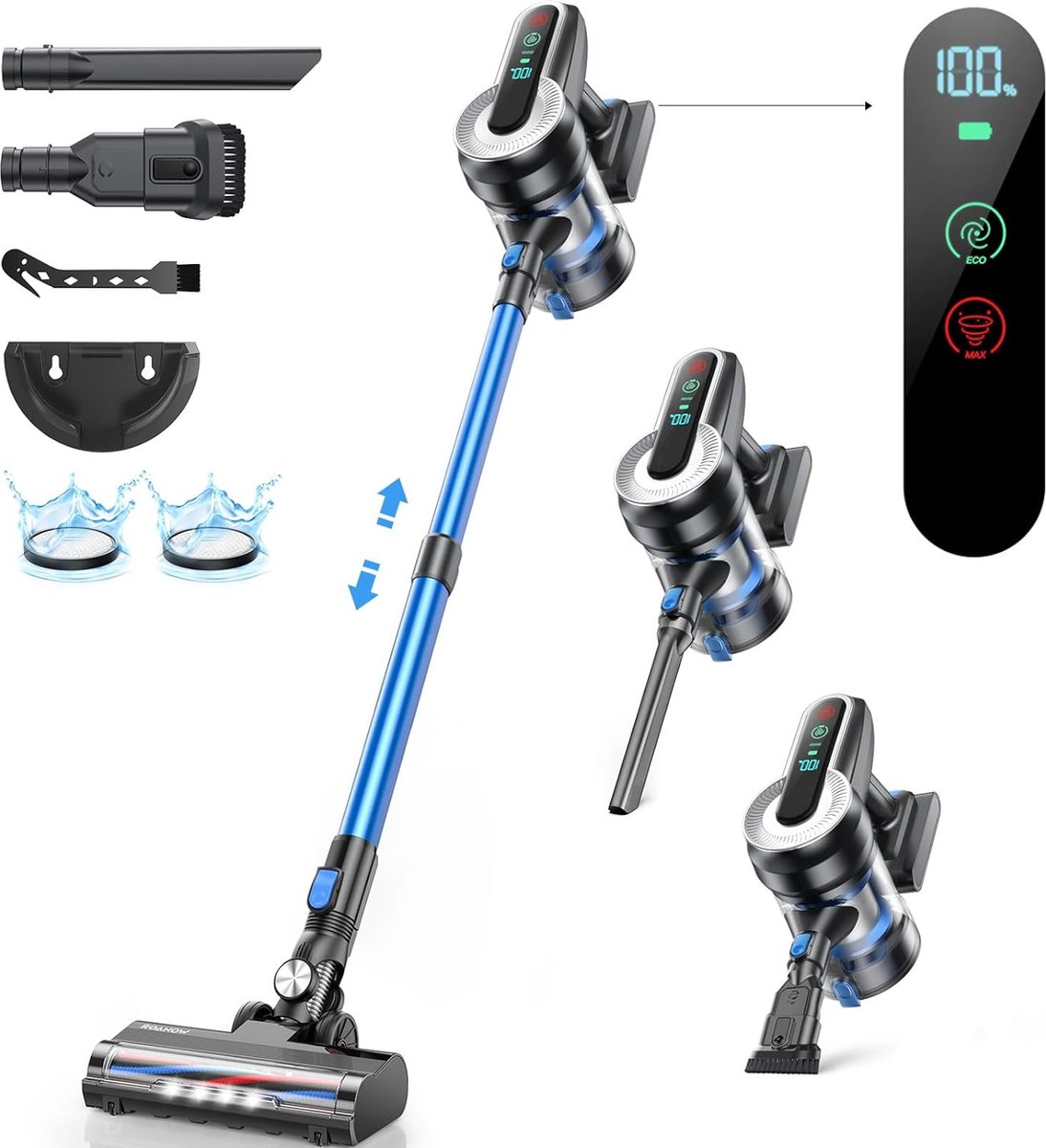 MarsVac S1 Draadloze Stofzuiger Zonder Zak Snoerloos & Lichtgewicht Kruimeldief 38.000Pa Handstofzuiger 55 Min Looptijd 1.5L Cup Steelstofzuiger met LED Scherm Blauw Zwart