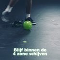 Voeten bij een groene Smart Ball en SoccerBot op een vloer met 4 groene zone schijven. Tekst: 'Blijf binnen de 4 zone schijven'.