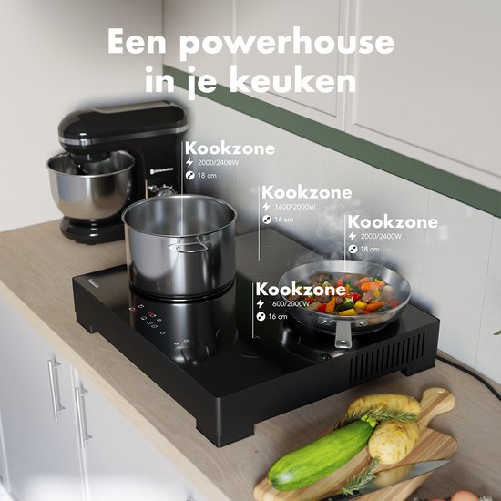 Plaque de cuisson à induction KitchenBrothers noire avec quatre zones de cuisson dans un environnement de cuisine.