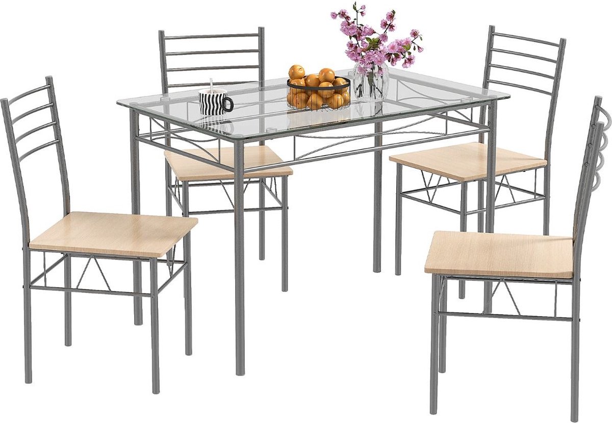 Costway SureDeal® - Eettafel Set - Keukentafel - Vier stoelen - Eettafel - 4 Personen - Roestbestendig - 107x70x76 cm - Tafel - Woonkamer - Eetkamer - Balkon - Glazen Tafelblad Zilver