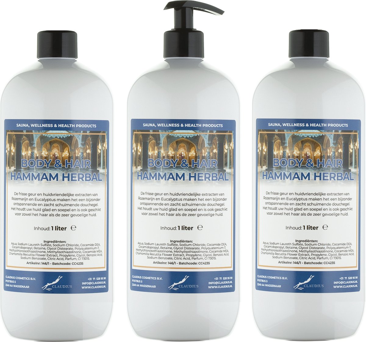 Goedkoopste Body & Hair Hammam Herbal 1 liter - set van 3 stuks - met gratis pomp - 2 in 1 voor lichaam en haar.