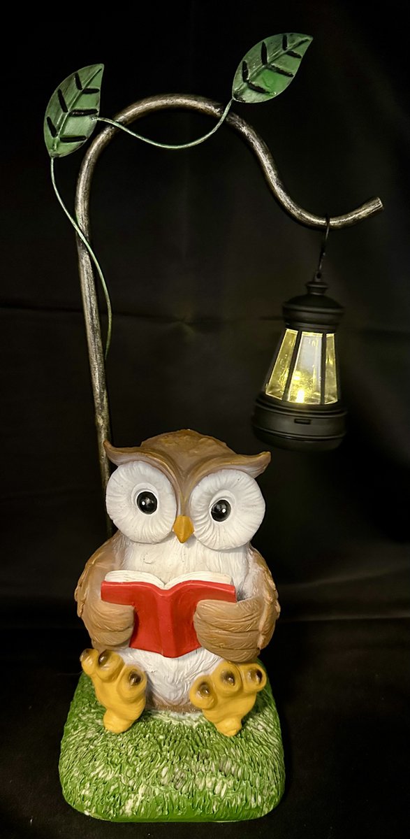 Impuls Solarlamp tuindier Uil met boek polyresin dier metalen tak en kunststof lantaarn meerkleurig met 1 LED staand model hoogte 32 x 16 x 10 cm Tuindecoratie Tuinverlichting