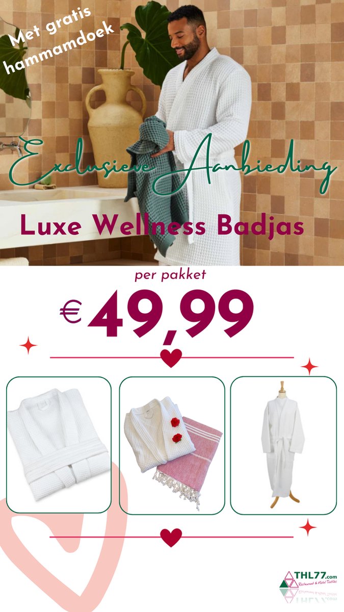Wellness Pakket: Badjas Wafel S & Hamamdoek 90x165cm Rood