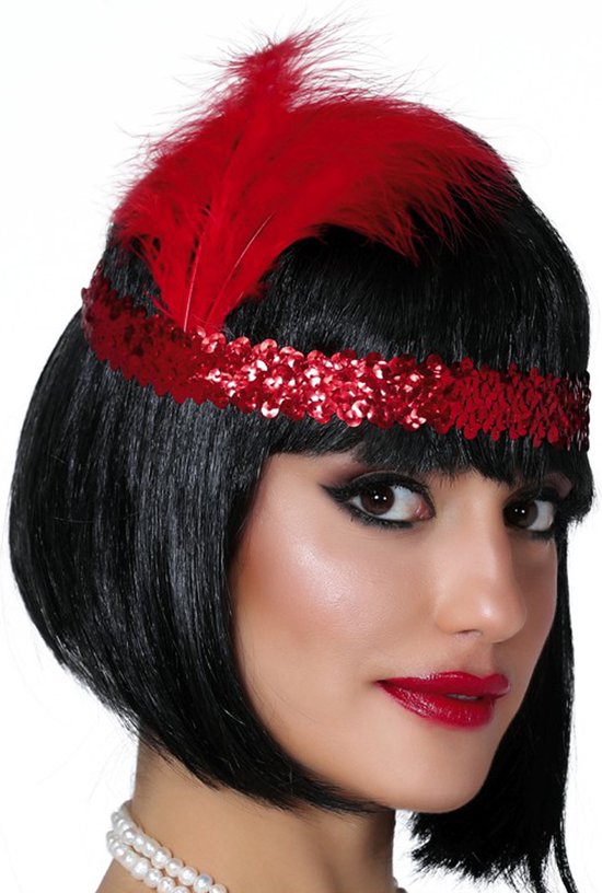 Charleston Flapper Hoofdband - 2x - met veer en glitters - rood - Dames - jaren 20/Twenties thema