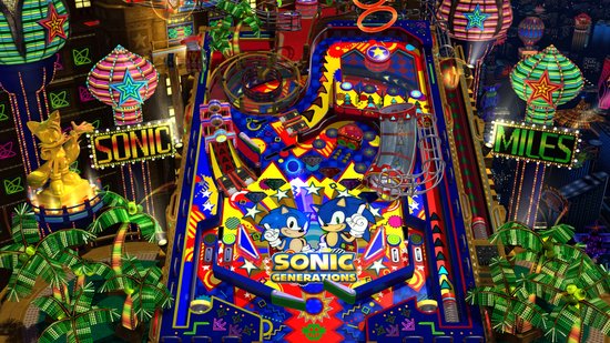 Een kleurrijke flipperkast met Sonic en Miles "Tails" Prower, met neonverlichting en stadsachtergrond.
