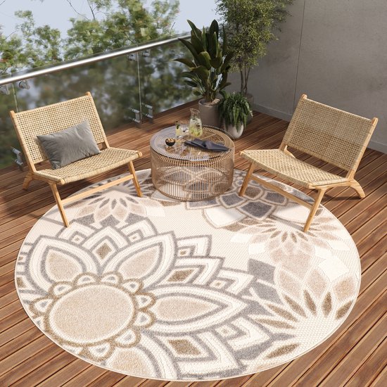 Tapiso Tapis rond pour terrasse, balcon, terrasse , Jardin, Plein air, beige, taille 80 x 80