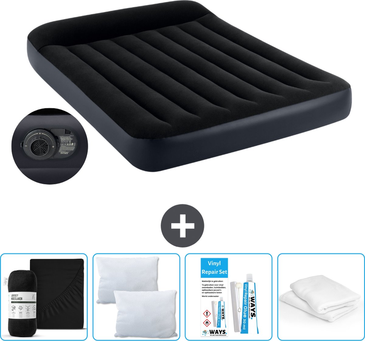 Intex Luchtbed - Twijfelaar - 137 x 191 x 25 cm - Blauw - Inclusief pomp - Hoeslaken - Kussen - Kussenbeschermer en Reparatieset