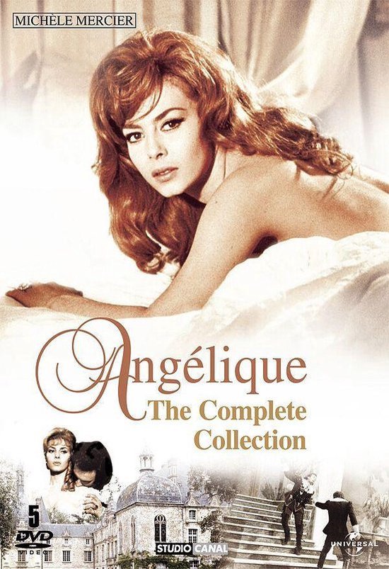 Michèle Mercier op een laken, met de titel Angélique De Complete Collectie.