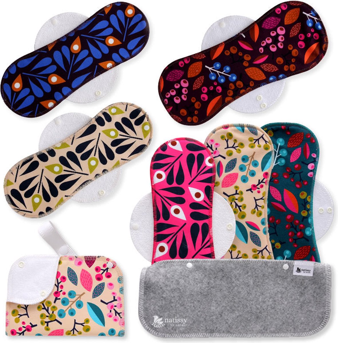 Natissy wasbaar maandverband set hevige menstruatie wasbaar nachtverband wasbaar kraamverband 6 stuks pauwen en bessen print