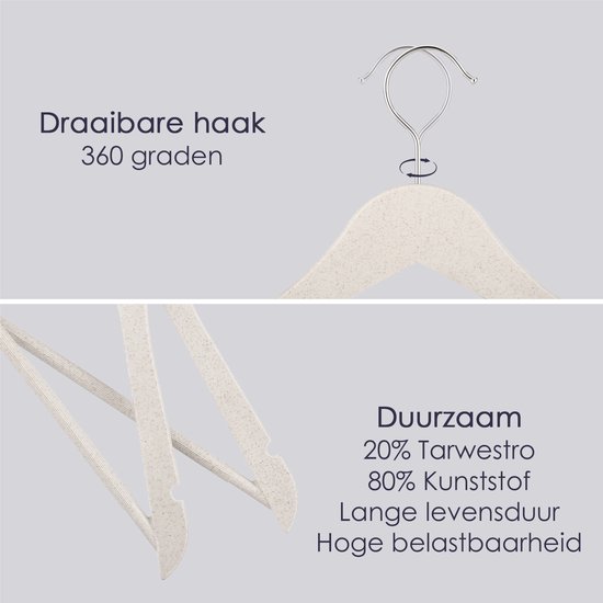 Behave Cintres durables - 20 % paille de blé - 80 % plastique - Cintre - Porte-manteau - Encoche - Barre à pantalons - Crochet en métal - Adultes - Naturel - 20 pièces