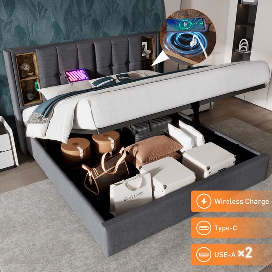 Kinderbed 90x200 cm, eenpersoonsbed met ledverlichting en USB, wit