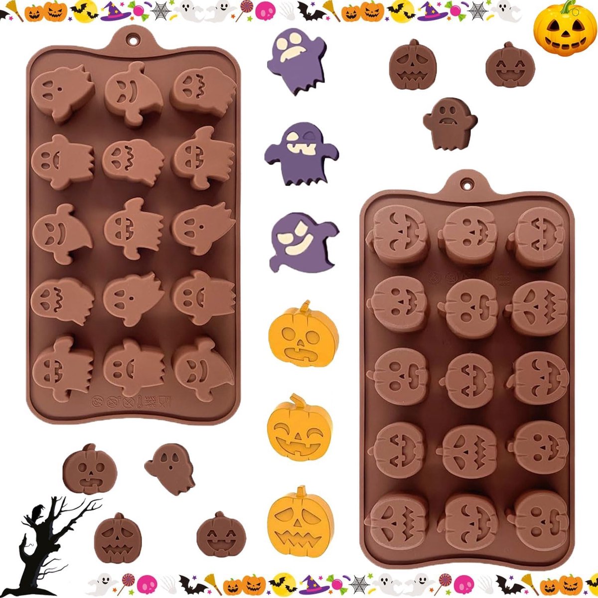 2 stuks Halloween chocolade mal holle siliconen mal chocolade mal cakevorm herbruikbaar pompoen en Ghost siliconen mallen snoep chocolade gelei DIY