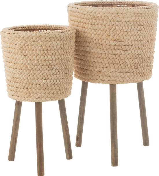 J-Line cache-pot Rond - feuilles de mais/contreplaqué - naturel - set de 2