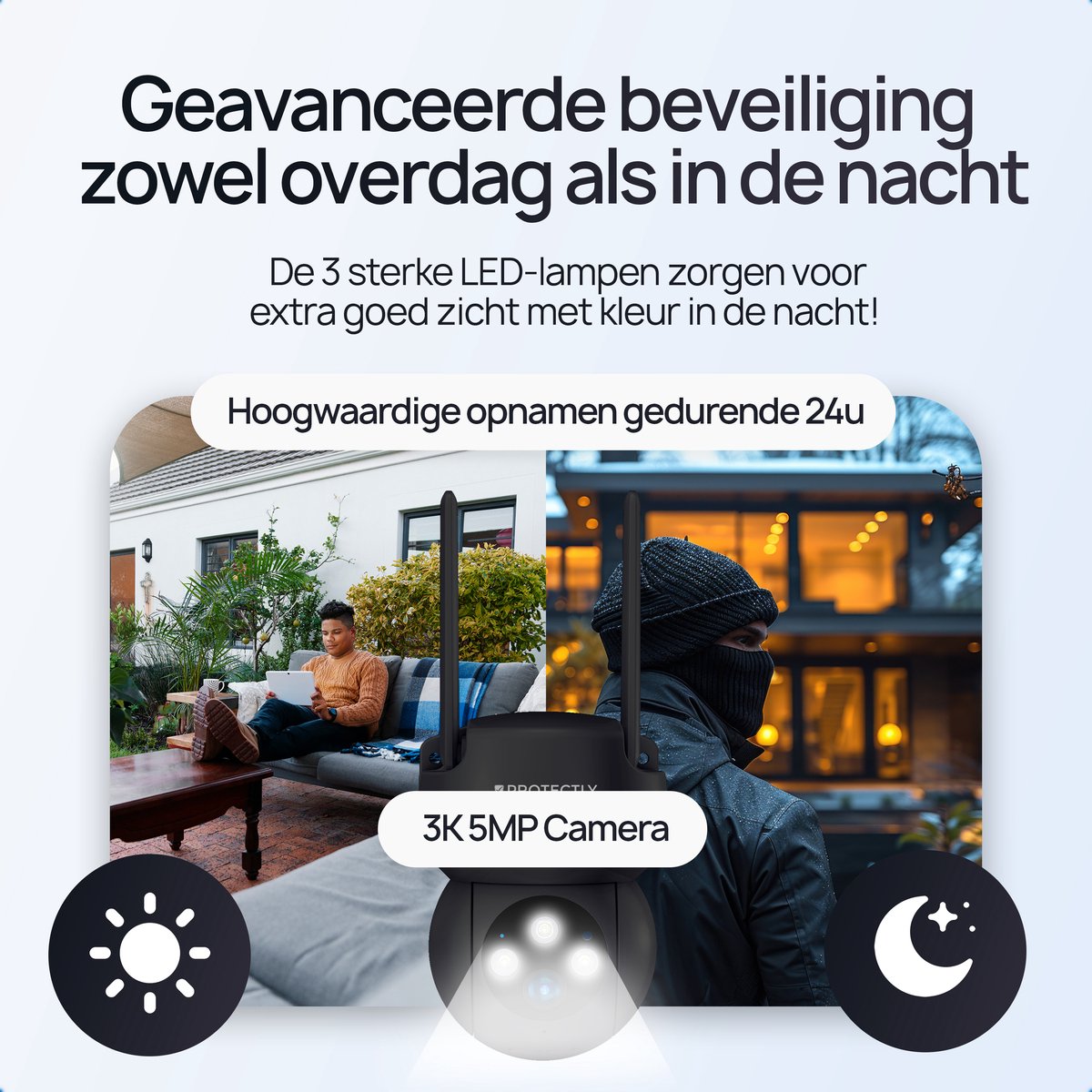 Afbeelding 3 van Protectly® Beveiligingscamera Buiten – 3K HD 5MP - Buiten Camera Met Nachtzicht – Buitencamera - Security camera - Met WiFi en APP - Incl. 64GB SD - Zwart