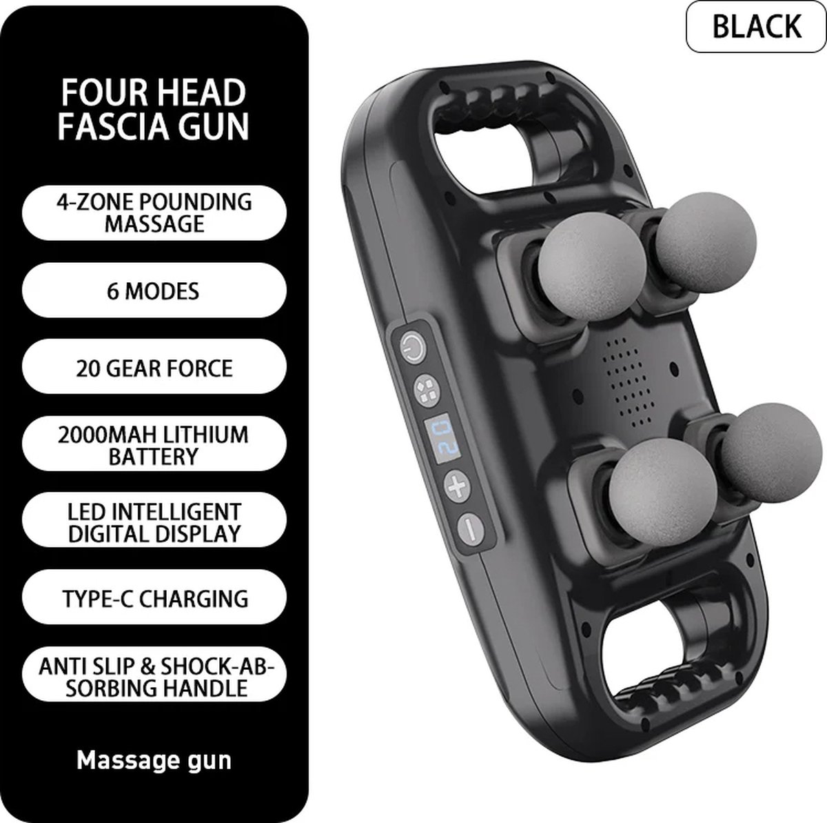ShopEighty8 Massage Gun Professioneel Diepe Hoogfrequente Trillingen 20 KG Slagkracht Groot Massage Oppervlak Led Display 4 Koppen 6 Modus 20 Levels Rug Benen Armen Nek Zwart