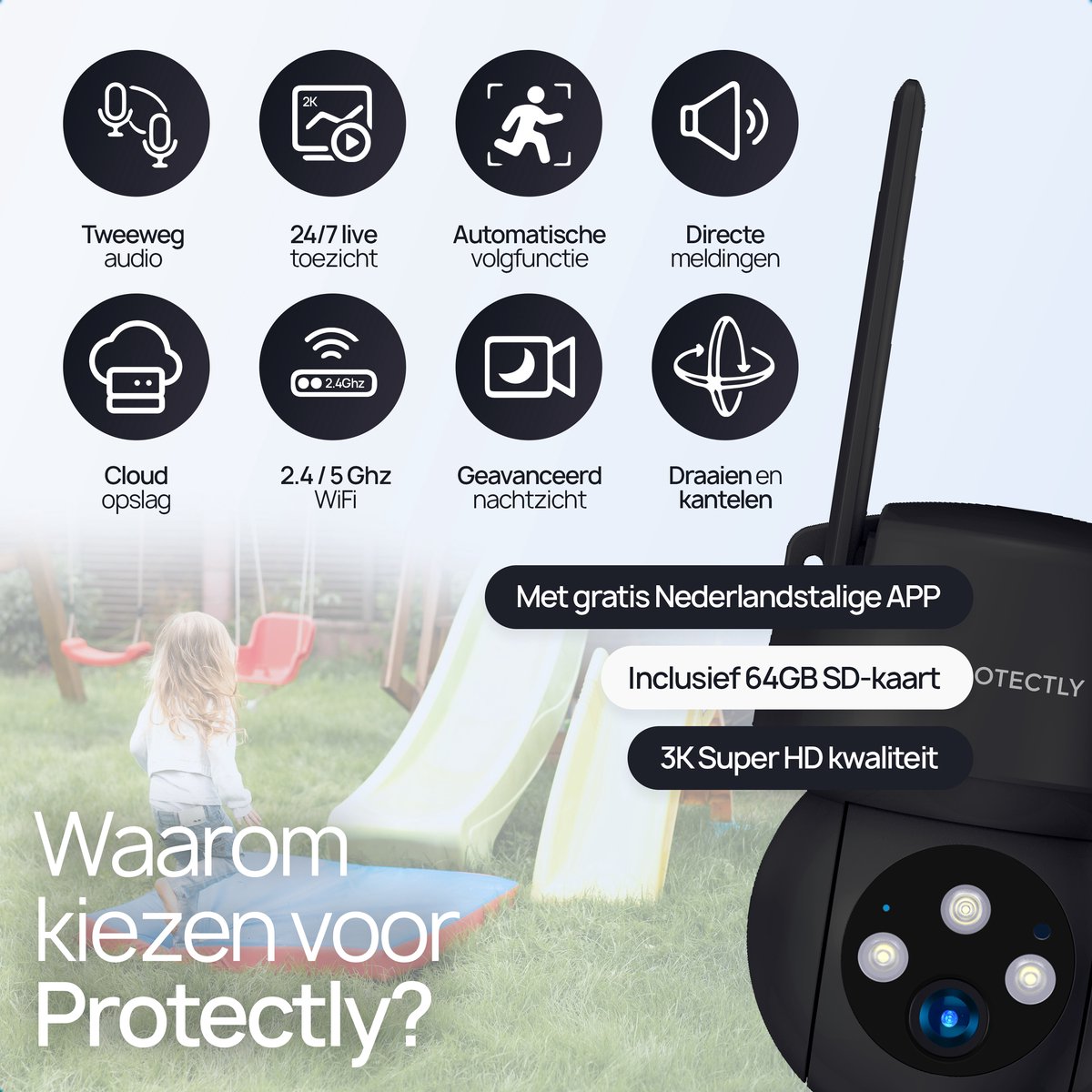 Afbeelding 2 van Protectly® Beveiligingscamera Buiten – 3K HD 5MP - Buiten Camera Met Nachtzicht – Buitencamera - Security camera - Met WiFi en APP - Incl. 64GB SD - Zwart
