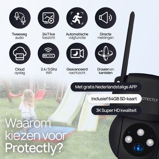 Protectly® Beveiligingscamera Buiten - Buiten Camera Met Nachtzicht - Buitencamera - Security camera - 3K HD 5MP - Met WiFi en APP - Incl. 64GB SD - Zwart van Protectly — afbeelding 2