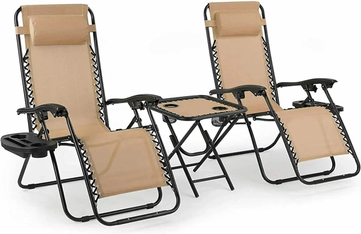 Opvouwbare Tuinstoelenset met Tafel - Verstelbare Ligstoel - Tuinstoelen - 30°-90° Verstelbaar - Hoogwaardig - Beige - Zwart