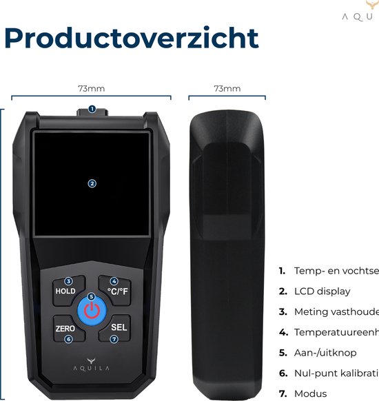 Aquila Vochtmeter voor Hout & Muren - Hygrometer Binnen Digitaal - Vochtmeters Haardhout en Pleisterwerken - Pinloze Houtvochtmeter - Vochtigheidsmeter - Incl Opbergtasje en Batterijen