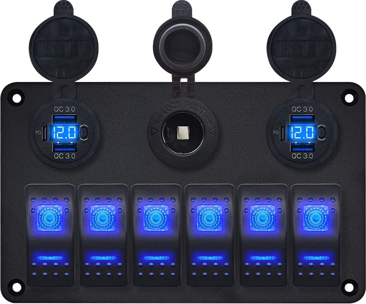 ProRide Schakelpaneel 12V voor Auto/Boot - USB/USB C Stopcontact 4 Poorten met Schakelaar - 65W - QC3.0 - 6 schakelaars + 12V/24V stopcontact - Blauw
