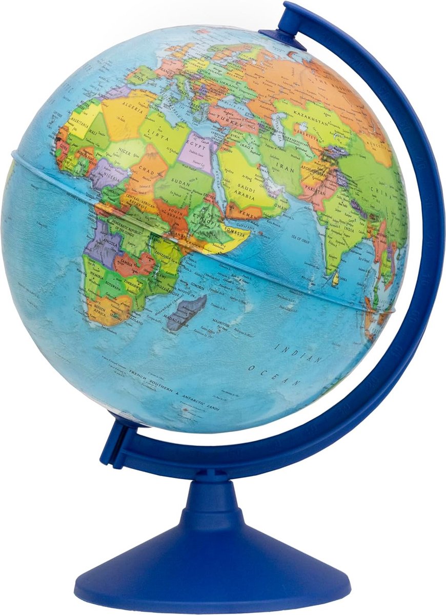 Een Art-Deco glazen roterende wereldbol op een koperen voetje, gemerkt Globe Universel Diamètre