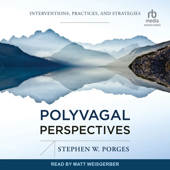 Boek "Polyvagal Perspectives" van Stephen W. Porges. Abstracte bergen en water reflecteren de titel.