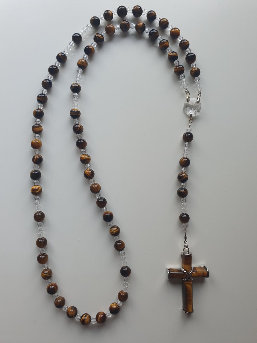 Rozenkrans, Paternoster geheel gemaakt met Tijgeroog (halfedelsteen) en o.a. Kristallen van Swarovski met een kruis van Tijgeroog (gebedssnoer, kruisteken, Meditatie, spiritueel, geloof, geloofsteken, Cadeau, ketting, gebedsketting, kerstpakket)