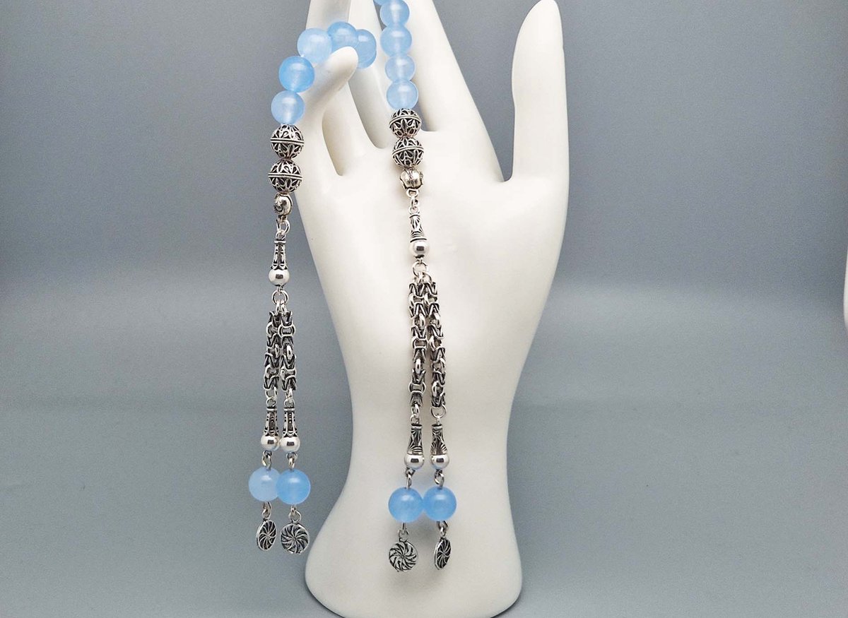 Handgemaakte tasbih gemaakt natuursteen Blauwe Jade en 925 zilver Tassel Dubbel Aantal kralen 21 Diameter kralen 8 MM