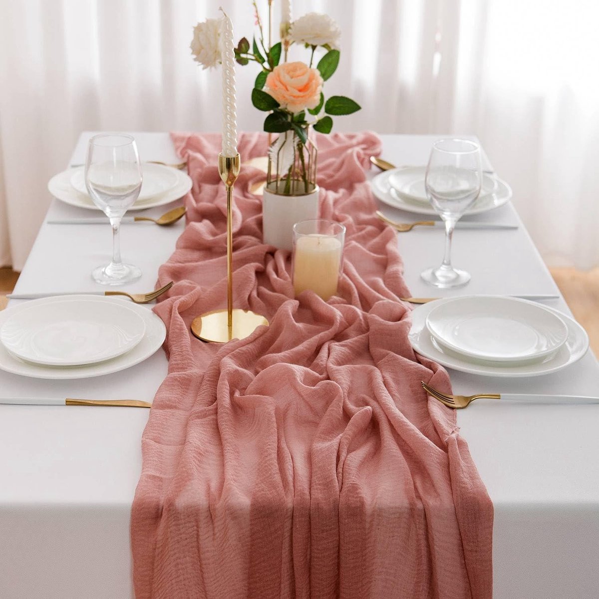 Set Van 15 Stuks Kaasdoek, Tafelloper Beige Semi-Doorschijnend 55 x 400 cm, Lichtbruin Rustiek Gaas, Boho Bruiloftsdecoratie Tafelkleed Voor Feest