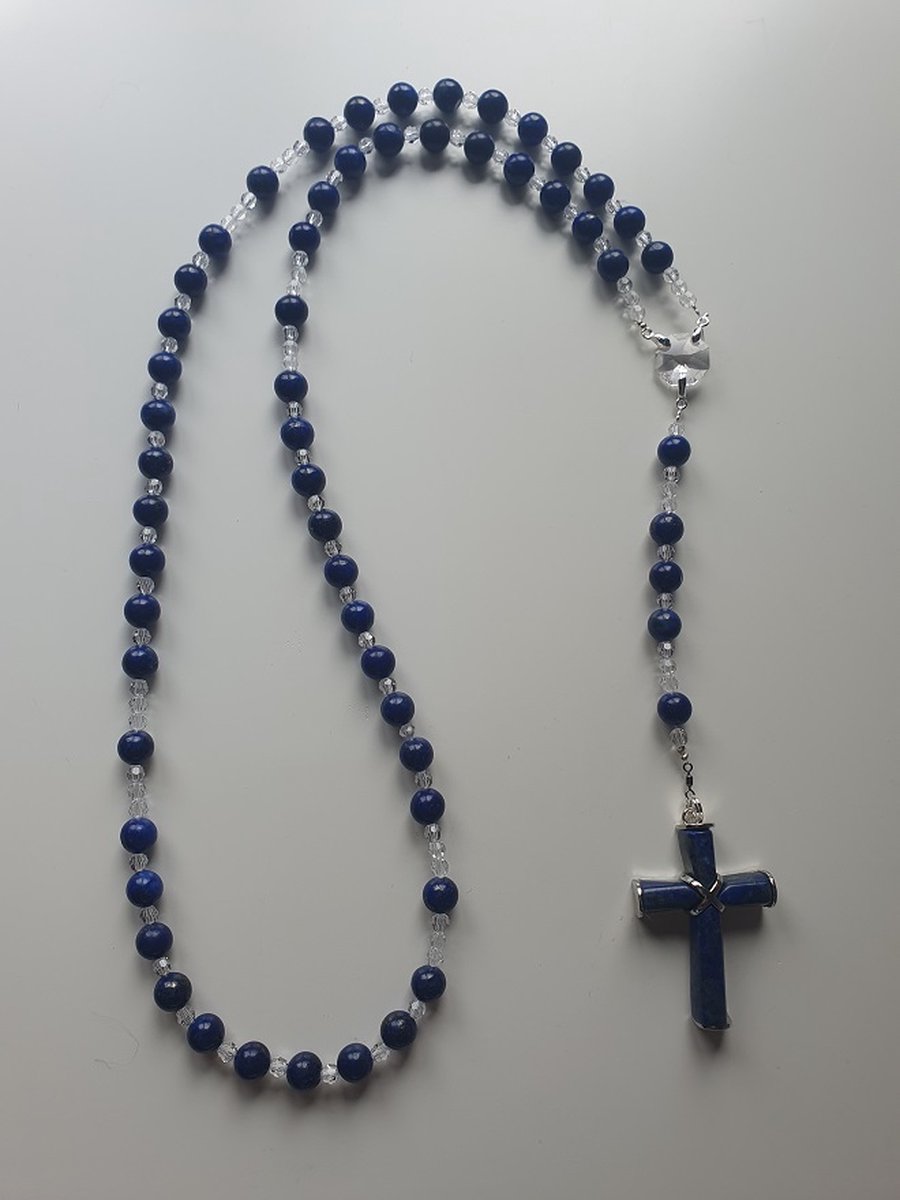 Rozenkrans, Paternoster geheel gemaakt met Lapis Lazuli (halfedelsteen) en o.a. Kristallen van Swarovski met een kruis van lapis lazuli (gebedssnoer, kruisteken, Meditatie, spiritueel, geloof, geloofsteken, Cadeau, ketting, gebedsketting.