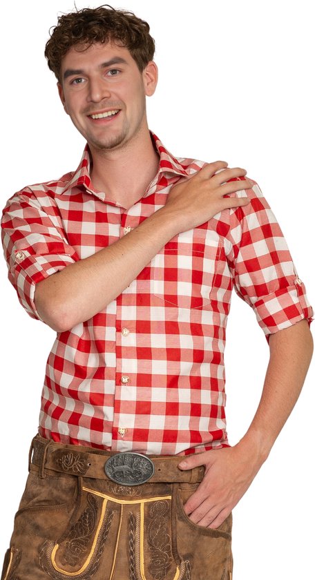 Tannhauser Oktoberfest Overhemd Heren Anton Geblokt Oktoberfest Heren Carnavalskleding Heren voor bij Lederhosen Man - 70%Katoen30%Viscose - Rood - Maat S/48