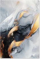 Tuinposter 80x120 cm - Tuindecoratie Abstract - Goud - Verf - Aesthetic - Art - Poster voor in de tuin - Buiten decoratie - Schutting tuinschilderij - Tuindoek muurdecoratie - Wanddecoratie balkondoek