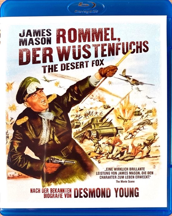 Poster met James Mason als Rommel, een generaal in uniform, die wijst naar een woestijngevecht met vliegtuigen en tanks.