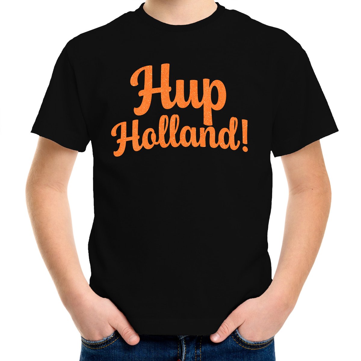 Bellatio Decorations Oranje supporter shirt jongens - Hup Holland - zwart - EK/WK voetbal - Nederland 122/128