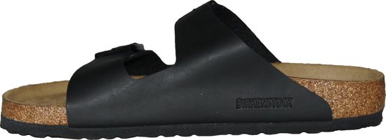Zwarte Birkenstock Arizona slipper met twee banden en gespen, profielzool.