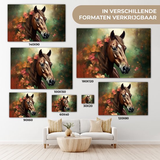 Canvas schilderij 180x120 cm - Wanddecoratie kinderkamer Paard - Bloemen - Natuur - Dieren - Bos - Oranje - Muurdecoratie babykamer - Kamer decoratie voor jongens en meisjes - Baby accessoires - Schilderijen