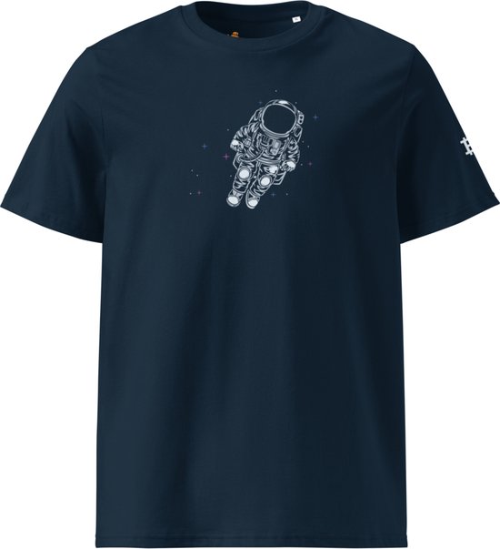 Bitcoin Space Astronaut T-shirt - Unisex - 100% Biologisch Katoen - Kleur Marine Blauw - Maat S | Bitcoin cadeau| Crypto cadeau| Bitcoin T-shirt| Crypto T-shirt| Crypto Shirt| Bitcoin Shirt| Bitcoin Merchandise| Crypto Merchandise| Bitcoin Kleding