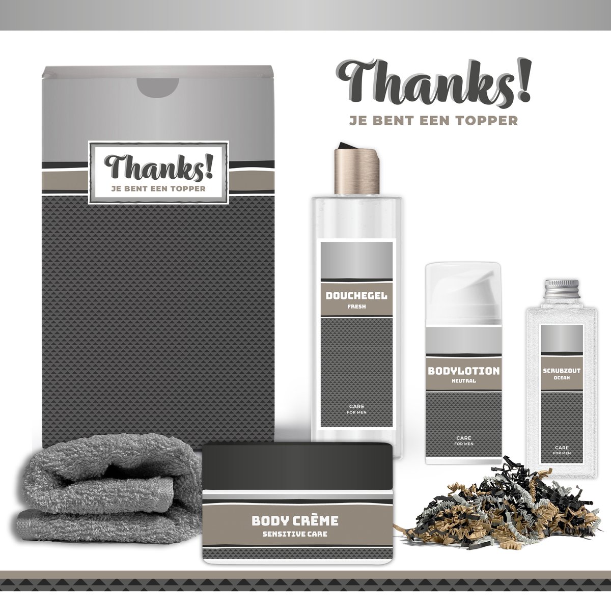 Goedkoopste Geschenkset Thanks! Je bent een topper - 5 Producten - 760 Gram | Giftset voor hem - Luxe cadeaubox man - Body Crème - Douchegel - Bodylotion - Vader - Wellness - Pakket - Cadeau set - Bedankt - Thank You - Broer - Vriend - Collega - Zilver