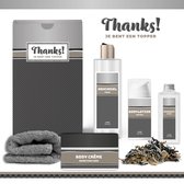 Geschenkset "Thanks! Je bent een topper" - 5 Producten - 760 Gram | Giftset voor hem - Luxe cadeaubox man - Body Crème - Douchegel - Bodylotion - Vader - Wellness - Pakket - Cadeau set - Bedankt - Thank You - Broer - Vriend - Collega - Zilver